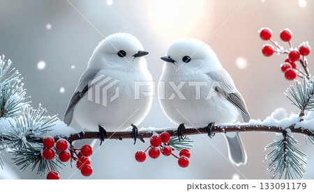 一對可愛的日本長尾山雀棲息在雪地裡一根結滿紅色漿果的樹枝上，特寫鏡頭。 133091179