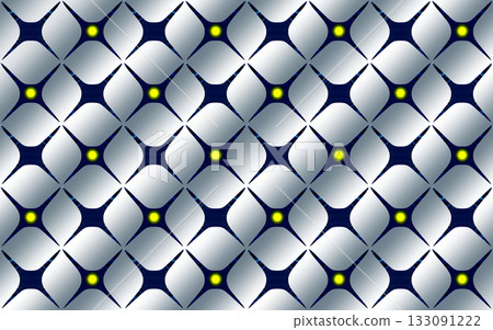 Abstract geometric star pattern with yellow centers and gradient shading. Geometric pattern composed of interconnected star shapes with void centers. The stars are dark blue, and each has a central ye 133091222