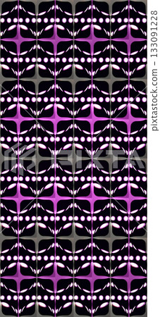 Vibrant abstract repeating design. Repeating geometric pattern featuring symmetrical designs in shades of purple, black, and white.  133091228