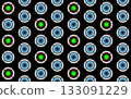 Hexagonal grid of glowing orbs. Hexagonal grid arrangement of circular objects on a black background.  133091229