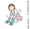 Illustration of a woman wearing an apron and rubber gloves wiping the floor with a rag 133091276