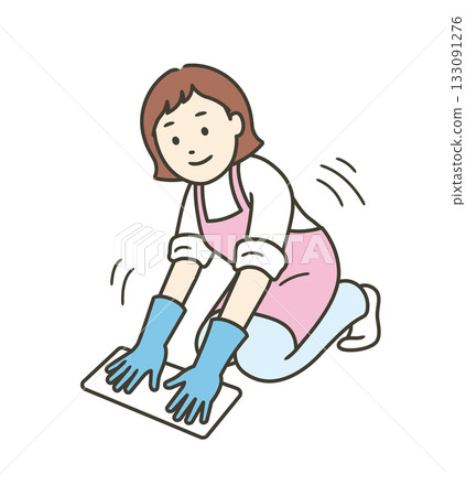 圖解:一位身穿圍裙、戴著橡膠手套的女子正在用抹布擦拭地板。 圖解:一位身穿圍裙、戴著橡膠手套的女子正在用抹布擦拭地板。 133091276