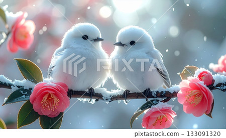 Close-up of a cute pair of long-tailed tits perched on a camellia branch in the snow Close-up of a cute pair of long-tailed tits perched on a camellia branch in the snow 133091320