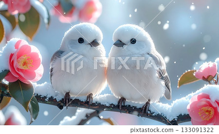 一對可愛的長尾山雀棲息在雪中的山茶花枝上，特寫鏡頭。 133091322