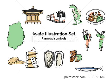 Stock Illustration: A set of Iwate's specialties and tourist attractions drawn with a touch 133091682