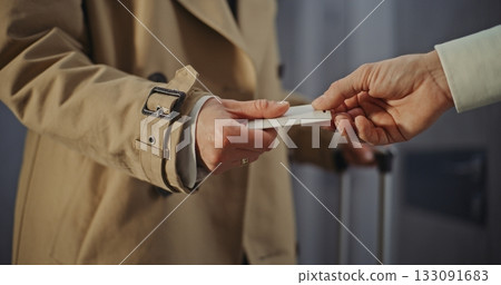 Woman Traveler With Curly Hair Tapping Key Card to Unlock and Entering Inside Woman Traveler With Curly Hair Tapping Key Card to Unlock and Entering Inside 133091683