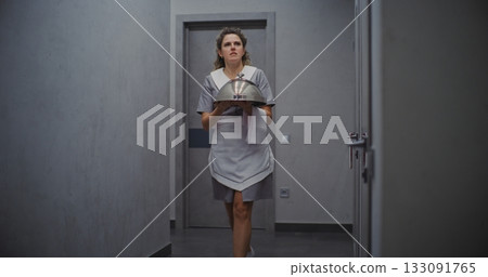 Friendly Female Hotel Attendant in Grey Uniform Delivering Room Service 133091765