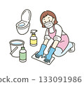 Full-body illustration of a housewife cleaning the toilet and taking disinfection measures 133091986