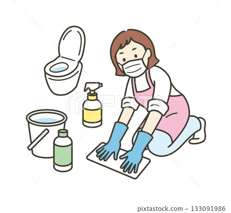 一幅描繪家庭主婦清潔廁所並採取消毒措施的全身插圖 一幅描繪家庭主婦清潔廁所並採取消毒措施的全身插圖 133091986