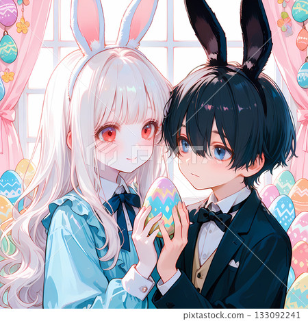 一對戴著兔耳朵的情侶。一個白化病女孩和一個藍眼睛男孩正在慶祝復活節。可愛的漫畫風格AI插畫。 一對戴著兔耳朵的情侶。一個白化病女孩和一個藍眼睛男孩正在慶祝復活節。可愛的漫畫風格AI插畫。 133092241