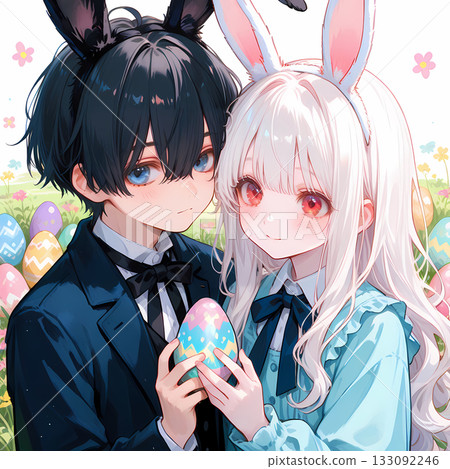 一對戴著兔耳朵的情侶。一個白化病女孩和一個藍眼睛男孩正在慶祝復活節。可愛的漫畫風格AI插畫。 一對戴著兔耳朵的情侶。一個白化病女孩和一個藍眼睛男孩正在慶祝復活節。可愛的漫畫風格AI插畫。 133092246