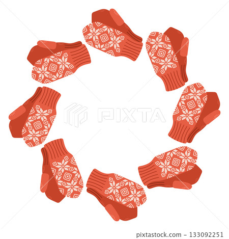 Simple vector illustration of cute red knitted mittens arranged in a circular frame. Winter holiday design, Christmas decoration, isolated on white background, perfect for greeting cards and prints 133092251