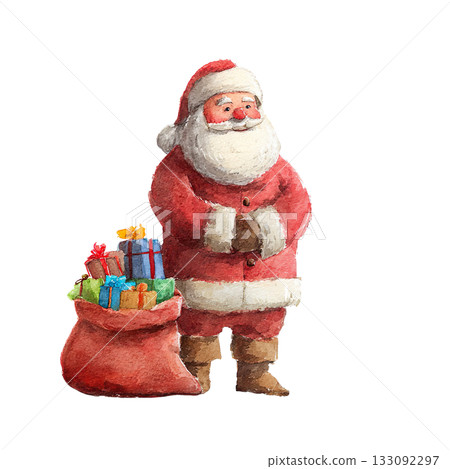 聖誕老人手持禮物的水彩插圖，背景透明（png格式） 133092297