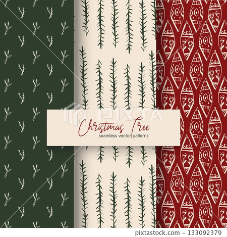 Christmas seamless pattern set with pine branches ornaments and festive hand drawn elements for winter design projects 133092379