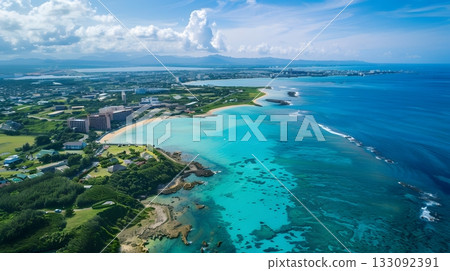 從空中俯瞰美麗的亞熱帶海灘，海水呈現碧綠色。 133092391