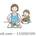 Upper body illustration of a mother cutting vegetables and a girl helping her 133092509