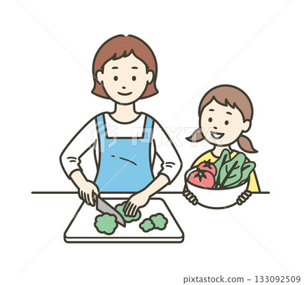 Upper body illustration of a mother cutting vegetables and a girl helping her 133092509