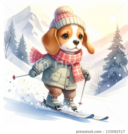 冬季水彩插畫 5：一隻比格犬在滑雪場滑雪 / 可用於傳單和海報素材 133092517