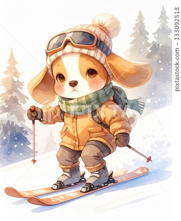 冬季水彩插畫 4：一隻比格犬在滑雪場滑雪 / 可用於傳單和海報素材 133092518