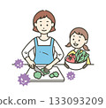 Upper body illustration of a mother handling virus-infected food and a girl helping her 133093209