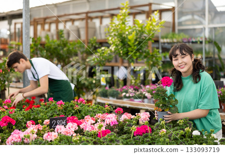 Inspired young Asian female customer in casual clothes inspecting potted Geranium Pelargonium flowers while shopping in garden center 133093719