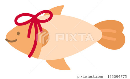 Orange fish wrapping with red ribbon for Christmas and New Year illustration, sea life, under the sea, animal, festive winter, sticker, aquarium, ocean, animal, cartoon character, cute patch, kid toy 133094775