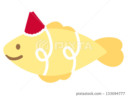 Pastel yellow fish wearing Santa hat for Christmas and New Year illustration, sea life, under the sea, animal, festive winter, sticker, aquarium, ocean, animal, cartoon character, cute patch, toy, pin 133094777
