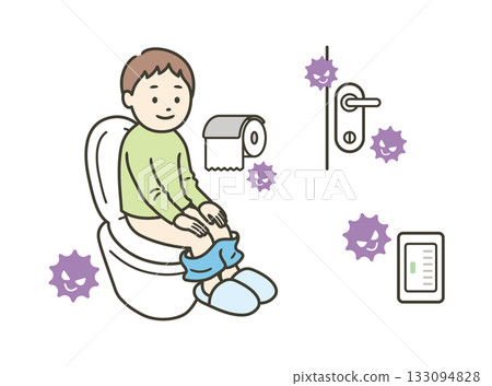 一個男孩坐在廁所裡，馬桶和衛生紙上都沾滿了病毒。 133094828