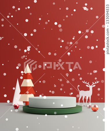 Christmas Holiday Product Display Podium with Falling Snow and Festive Decorations on Red Background Christmas Holiday Product Display Podium with Falling Snow and Festive Decorations on Red Background 133094833