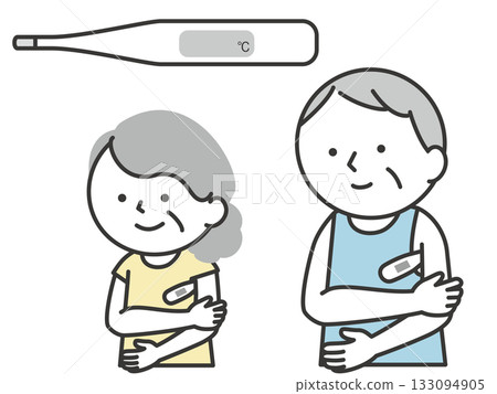 Illustration of a senior man and woman measuring their temperature by placing a thermometer under their armpit Illustration of a senior man and woman measuring their temperature by placing a thermometer under their armpit 133094905