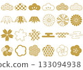 A set of various Japanese patterns of pine, bamboo, and plum, as well as commonly used Japanese materials. Gold 133094938