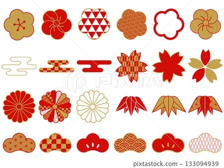Various Japanese patterns of pine, bamboo, plum, and commonly used Japanese materials set in red and gold 133094939