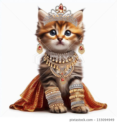 A kitty wearing a jewelry set in a cat-like standing pose 133094949