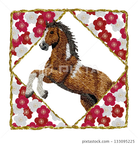 [Golden square frame of horse and plum] Hand embroidery illustration material 133095225