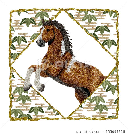 [Golden square frame of horse and bamboo] Hand-embroidered illustration material 133095226