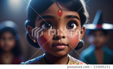Cartoon style illustration of a charming Indian girl with traditional bindi and innocent 133095251