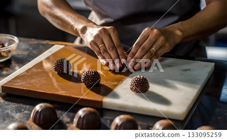Artisan chocolatier crafting decadent truffles with expertise and passion on a marble board 133095259