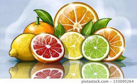 Vibrant citrus fruit medley watercolor still life composition displaying freshness and natural Vibrant citrus fruit medley watercolor still life composition displaying freshness and natural 133095264