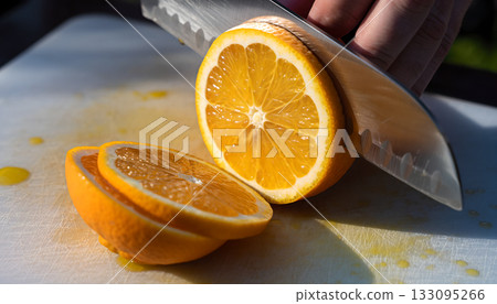 Freshly cut vibrant orange being sliced on a bright white cutting board under sunshine for a juicy Freshly cut vibrant orange being sliced on a bright white cutting board under sunshine for a juicy 133095266
