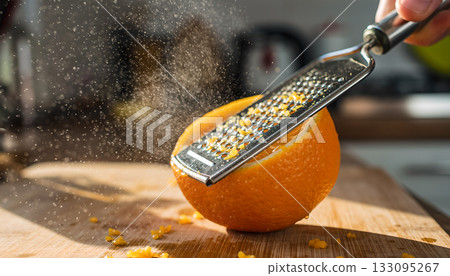 Invigorating citrus zest captured through grating an orange, resulting in a culinary preparation Invigorating citrus zest captured through grating an orange, resulting in a culinary preparation 133095267