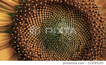 Intricate sunflower heart abstract, a vibrant botanical spiral exhibiting nature's patterns and 133095293