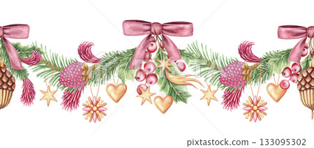 Seamless border with sparkling Christmas ornaments and pink bow. Hand drawn watercolor pine branches with pencil texture. Festive garland in gold and green perfect for frame and holiday card design. Seamless border with sparkling Christmas ornaments and pink bow. Hand drawn watercolor pine branches with pencil texture. Festive garland in gold and green perfect for frame and holiday card design. 133095302