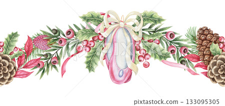 Pink ballet flats and pine cone ornament Christmas seamless border. Hand drawn watercolor with colored pencil texture. Festive garland green yew branch perfect for art frame and holiday card design. 133095305
