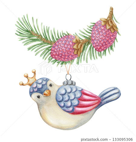 Bird with crown Christmas tree ornament ornament hanging on pine branch. Hand drawn in watercolor with sparkling and pencil texture. Greeting card composition perfect for holiday and seasonal design. Bird with crown Christmas tree ornament ornament hanging on pine branch. Hand drawn in watercolor with sparkling and pencil texture. Greeting card composition perfect for holiday and seasonal design. 133095306