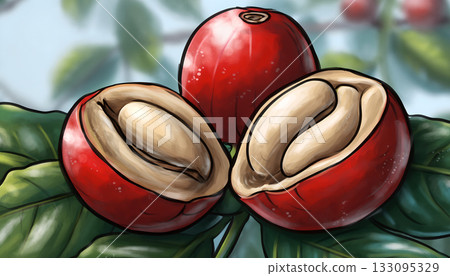 Hand Drawn Illustration Showcasing Freshly Harvested Coffee Cherries on Lush Green Leaves 133095329