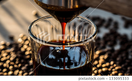 Close up shot capturing the art of coffee extraction, revealing richness of espresso, surrounded 133095333