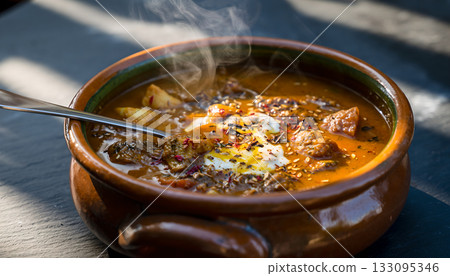 Hearty and steaming bowl of beef tripe soup with creamy sauce: A culinary delight perfect for cold 133095346