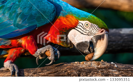 Vibrant macaw portrait showcasing striking plumage and intricate details while carefully 133095351
