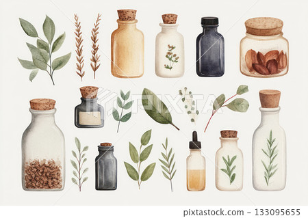 Delicate watercolor illustration of organic herbs and spices, herbal medicine, natural healing 133095655