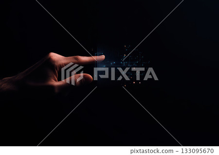 Hand typing into a virtual search bar with futuristic overlays and results popping up, Search Engine, HumanComputer Interaction 133095670